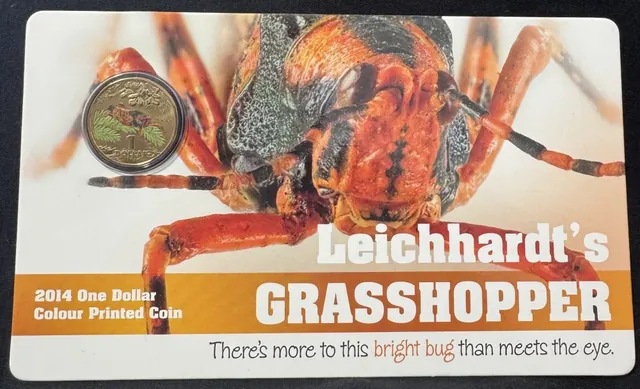 2014 $1 coin Australia RAM Card – LEICHARDT’S GRASSHOPPER Bright Bugs Coloured Coin UNC