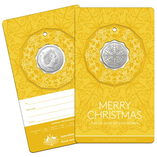 2019 50c Merry Christmas Coin The 12 Days of Christmas Yellow Card