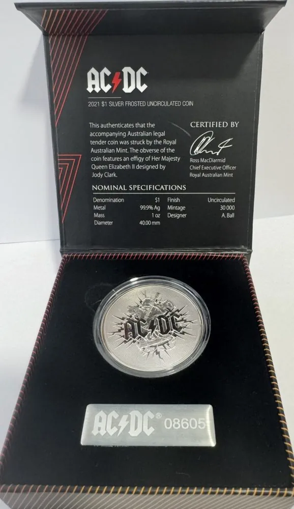 2021 AC/DC $1AUD Sliver Frosted Uncirculated Coin Low Mintage Numbers 99.9% Pure SILVER