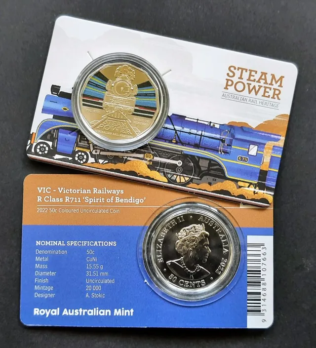 2022 50c Australian Steam Train Coin VIC R Class R711 Spirit of Bendigo