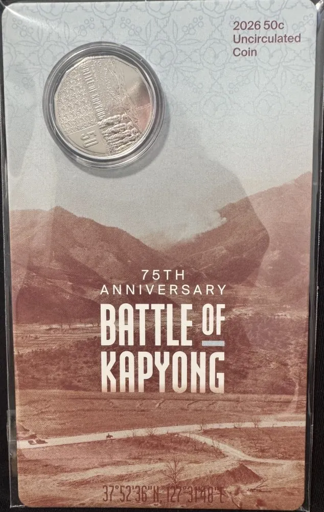 2026 75th Anniversary Battle of Kapyong 50c Coin: A 50 cent uncirculated Coin in Card MINTAGE 40 000